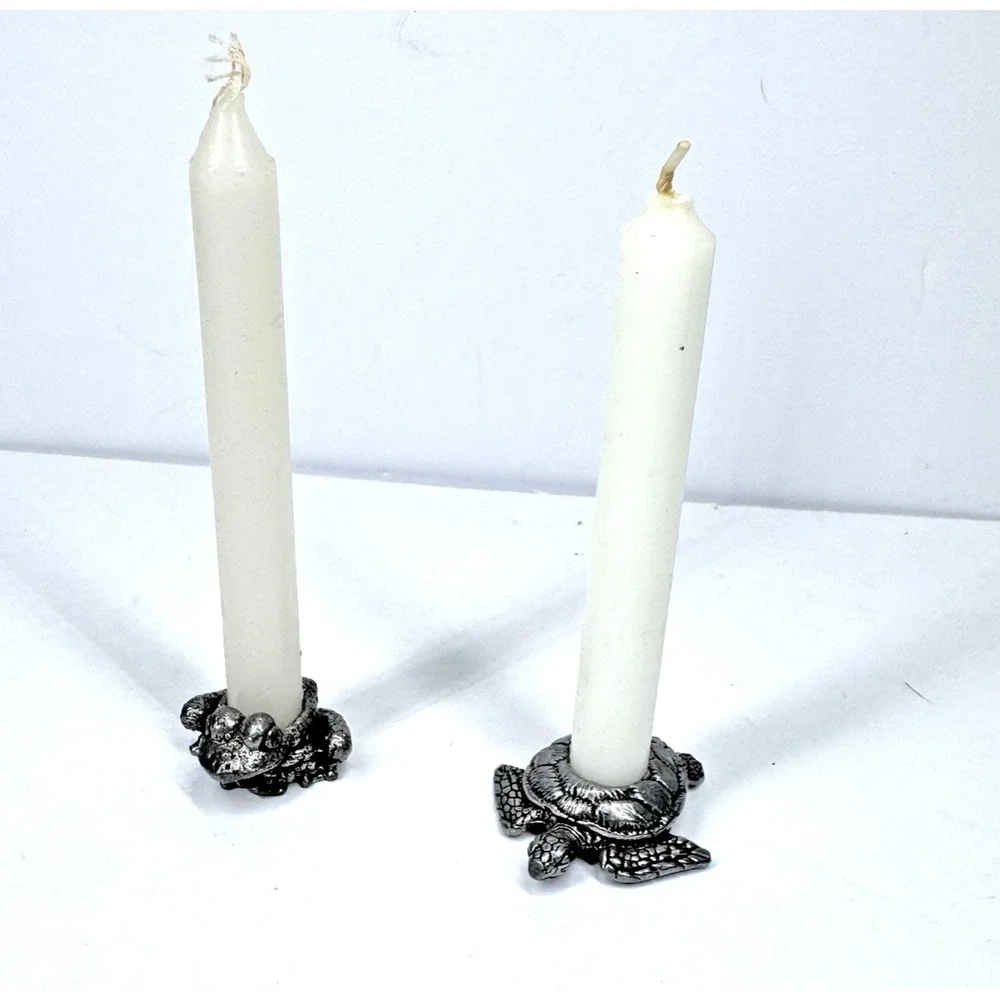 Vintage‎ Sea Turtle Taper Candle Holders Silver Tone Coastal Beach Decor
